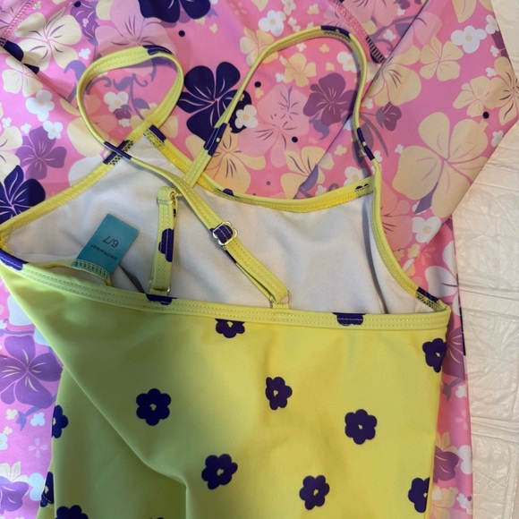 3pc Girls Floral Kids Swim Set - Pink, Yellow, and Purple Size 6/7 - Picture 6 of 11